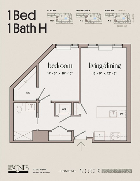 Floor plan for 1 bed, 1 bath, 742 sqft